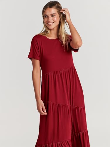 ANRABESS Women Summer Maxi Dress Short Sleeve Swing Casual Asymmetric Tiered Vacation Long Beach Sundress Outfits Burgundy Red Large