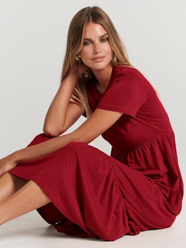 ANRABESS Women Summer Maxi Dress Short Sleeve Swing Casual Asymmetric Tiered Vacation Long Beach Sundress Outfits Burgundy Red Large