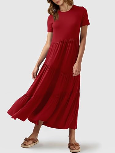 ANRABESS Women Summer Maxi Dress Short Sleeve Swing Casual Asymmetric Tiered Vacation Long Beach Sundress Outfits Burgundy Red Large
