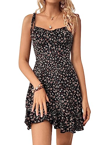 SweatyRocks Women's Boho Floral Print Tie Shoulder Cami Mini Dress A Line Ruffle Hem Short Dresses Black M