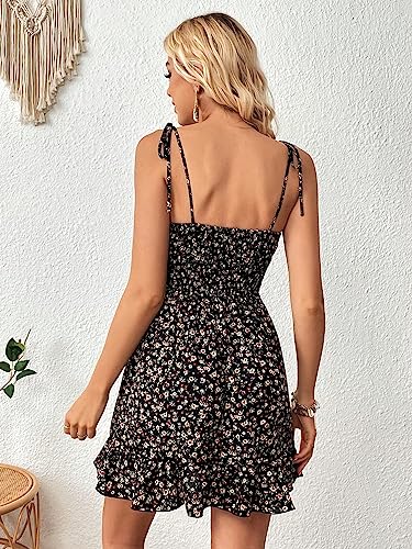 SweatyRocks Women's Boho Floral Print Tie Shoulder Cami Mini Dress A Line Ruffle Hem Short Dresses Black M