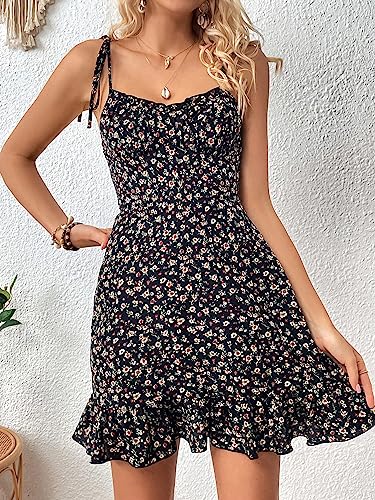 SweatyRocks Women's Boho Floral Print Tie Shoulder Cami Mini Dress A Line Ruffle Hem Short Dresses Black M