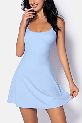 QINSEN Women's Tennis Dress Workout Dress with Built-in Bra & Shorts Pockets Athletic Dresses for Women Blue S
