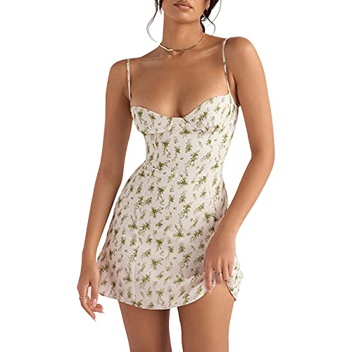 Women Floral Mini Dress Bohemian Spaghetti Strap Sleeveless Bodycon A-Line Dress Short Cami Swing Dress Clubwear Y2K