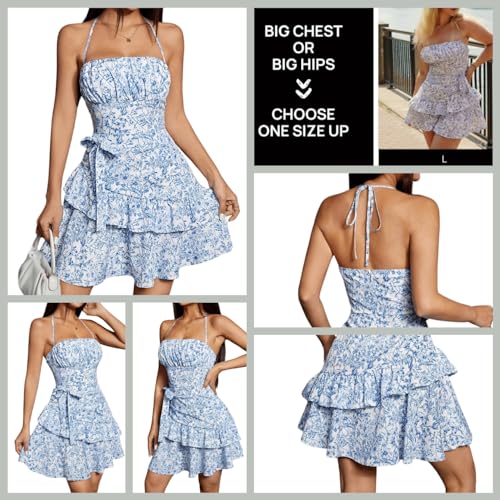 SOLY HUX Women's Floral Print Halter Tie Back Dress Ruffle Trim Flowy Casual Short Dresses Blue and White M