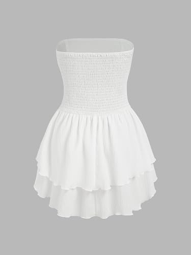 CIDER Women's Summer Cocktail Dress - Tube Ruched Ruffle Mini Dress: White, S