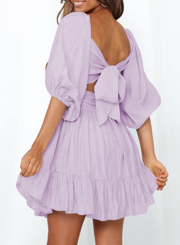 Dokotoo Womens Square Neck Sexy Light Purple Dresses Shirred Elastic Waist Lantern Sleeve Summer Dresses for Women 2024 Ruffle Tie Backless A-Line Mini Casual Dresses XX-Large