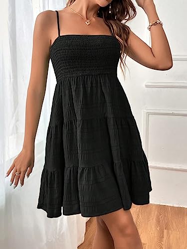 SOLY HUX Women's Summer Smock Cami Mini Dress Sleeveless Swing A Line Short Dresses Graduation Dresses Plain Black XS