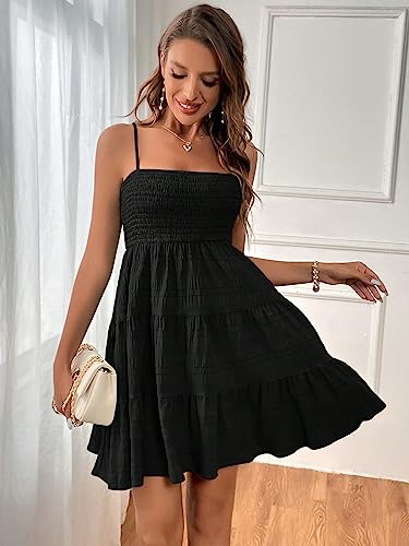 SOLY HUX Women's Summer Smock Cami Mini Dress Sleeveless Swing A Line Short Dresses Graduation Dresses Plain Black XS