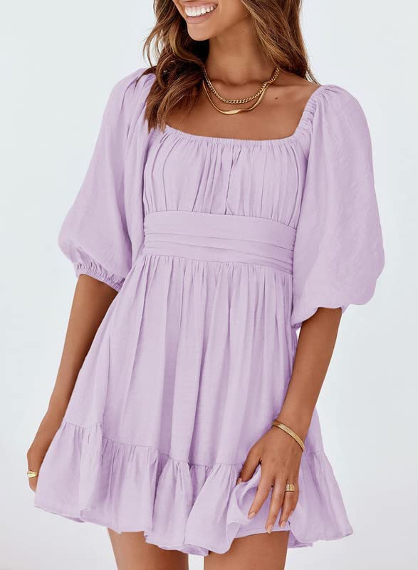 Dokotoo Womens Square Neck Sexy Light Purple Dresses Shirred Elastic Waist Lantern Sleeve Summer Dresses for Women 2024 Ruffle Tie Backless A-Line Mini Casual Dresses XX-Large
