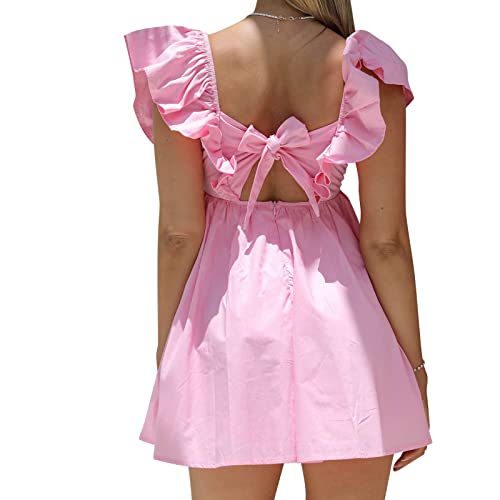 hibshaby Sexy Deep V Neck Ruffle Sleeve Mini Backless Lace Up Babydoll Summer Short Dress Pink L