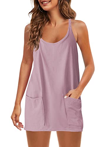 Panadila Womens Summer Sleeveless Mini Dress V Neck Spaghetti Strap Sundress Athletic Short Dress with Pockets (Mauve,M)