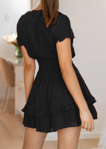PRETTYGARDEN Women's 2024 Summer Swing Mini Dress Tie Front V Neck Short Sleeve Ruffle Layer A-Line Short Dress(Black,Large)