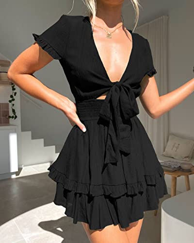 PRETTYGARDEN Women's 2024 Summer Swing Mini Dress Tie Front V Neck Short Sleeve Ruffle Layer A-Line Short Dress(Black,Large)