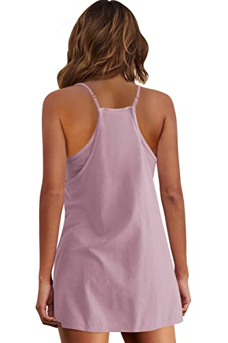 Panadila Womens Summer Sleeveless Mini Dress V Neck Spaghetti Strap Sundress Athletic Short Dress with Pockets (Mauve,M)
