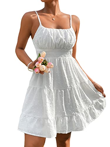 Floerns Women's Swiss Dots Sleeveless Ruched Bust Ruffle Hem Cami Short Dress White S