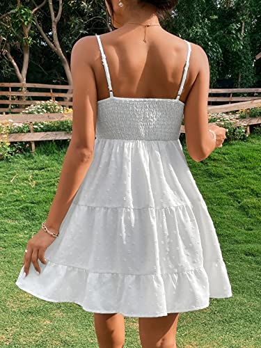 Floerns Women's Swiss Dots Sleeveless Ruched Bust Ruffle Hem Cami Short Dress White S