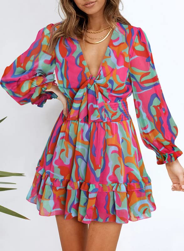 Dokotoo Womens Casual Sexy V Neck Ruffle Elegant Long Sleeve High Waist Chiffon Patterned Boho Beach Hawaiian Swing A Line Mini Short Dress for Women 2024 Multicolor Large