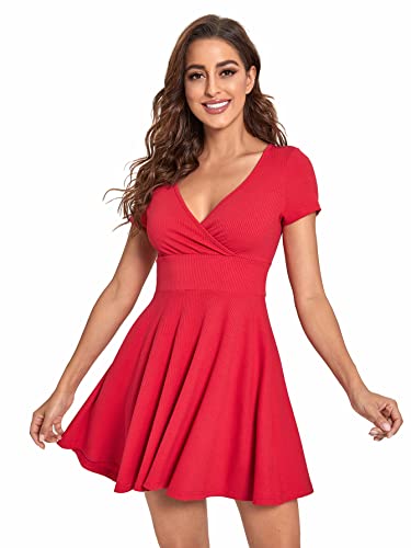 Verdusa Women's Surplice Neck Short Sleeve Mini Wrap A Line Fit and Flare Dress Red L