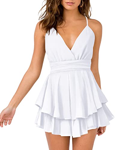 Hocuos Women's V-Neck Spaghetti Strap Tie Waist Sleeveless Layer Ruffle Mini Swing Skater Dress-White-Medium