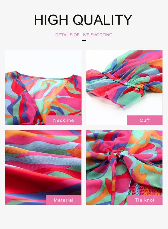 Dokotoo Womens Casual Sexy V Neck Ruffle Elegant Long Sleeve High Waist Chiffon Patterned Boho Beach Hawaiian Swing A Line Mini Short Dress for Women 2024 Multicolor Large