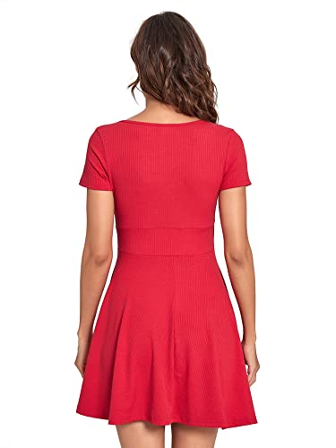 Verdusa Women's Surplice Neck Short Sleeve Mini Wrap A Line Fit and Flare Dress Red L