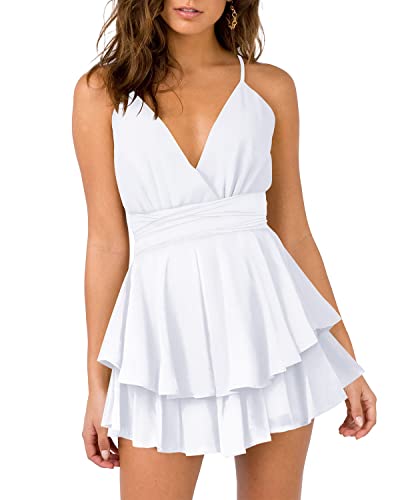 Hocuos Women's V-Neck Spaghetti Strap Tie Waist Sleeveless Layer Ruffle Mini Swing Skater Dress-White-Medium