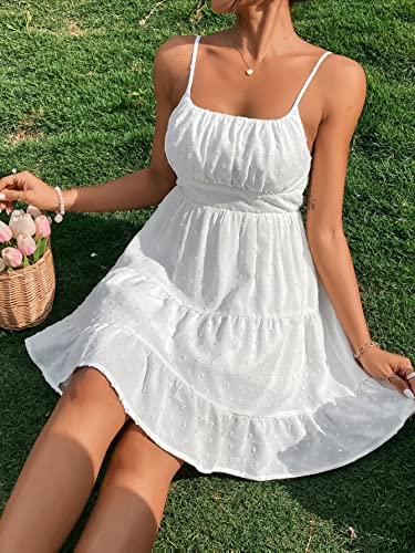 Floerns Women's Swiss Dots Sleeveless Ruched Bust Ruffle Hem Cami Short Dress White S