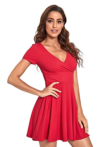 Verdusa Women's Surplice Neck Short Sleeve Mini Wrap A Line Fit and Flare Dress Red L