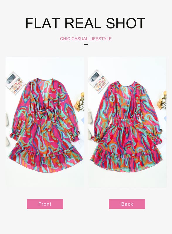 Dokotoo Womens Casual Sexy V Neck Ruffle Elegant Long Sleeve High Waist Chiffon Patterned Boho Beach Hawaiian Swing A Line Mini Short Dress for Women 2024 Multicolor Large