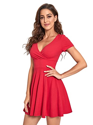 Verdusa Women's Surplice Neck Short Sleeve Mini Wrap A Line Fit and Flare Dress Red L