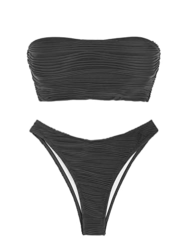 ZAFUL Women Strapless Textured Bandeau Bikini 2 Piece Swimwear Cheeky Solid Lace up Bathing Suits(1-Dark Gray,M)