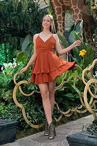 Hocuos Women's V-Neck Spaghetti Strap Tie Waist Sleeveless Layer Ruffle Mini Swing Skater Dress-White-Medium