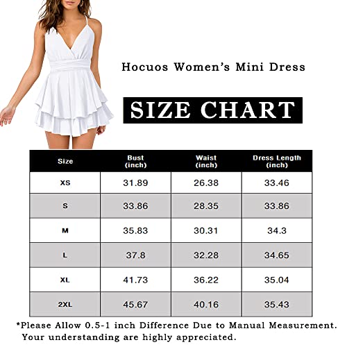 Hocuos Women's V-Neck Spaghetti Strap Tie Waist Sleeveless Layer Ruffle Mini Swing Skater Dress-White-Medium