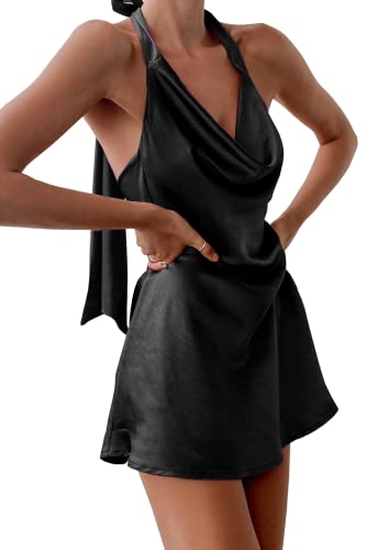 Cantonwalker Women's Cowl Neck Halterneck Slip On Backless Satin Mini Dress Sexy Silky Party Club Bodycon Dresses 0213 (S, Black Satin Dress)