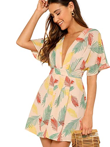 Floerns Women's Tropical Floral Plunging V Neck Tie Open Back Summer Short Dress Multicolor M