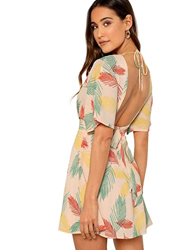 Floerns Women's Tropical Floral Plunging V Neck Tie Open Back Summer Short Dress Multicolor M