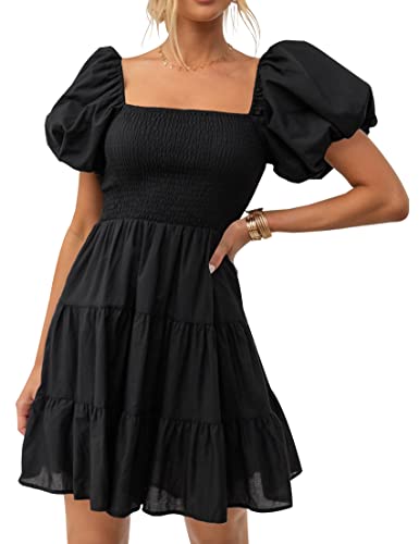 ZESICA Women's 2024 Boho Summer Square Neck Puff Sleeve Off Shoulder Smocked Tiered Casual A Line Short Mini Dress,Black,Small