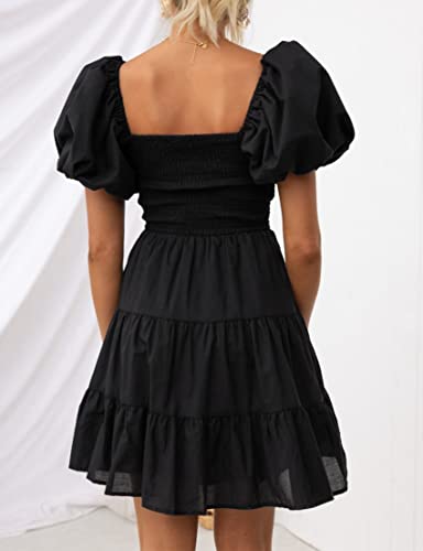 ZESICA Women's 2024 Boho Summer Square Neck Puff Sleeve Off Shoulder Smocked Tiered Casual A Line Short Mini Dress,Black,Small