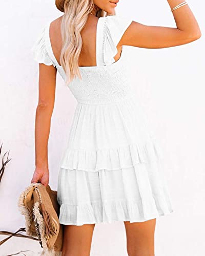 Fessceruna Womens Summer Ruffle Dresses Elastic Empire Waist A-line Layered Swing Flowy Mini Dress A-White