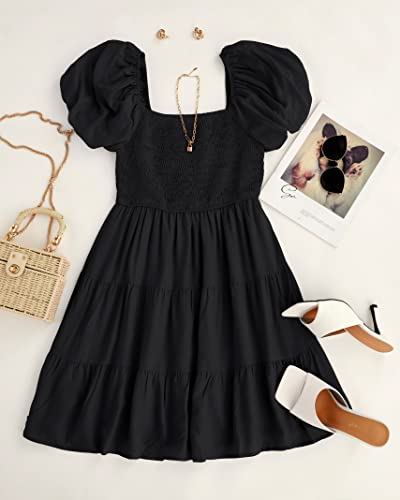 ZESICA Women's 2024 Boho Summer Square Neck Puff Sleeve Off Shoulder Smocked Tiered Casual A Line Short Mini Dress,Black,Small