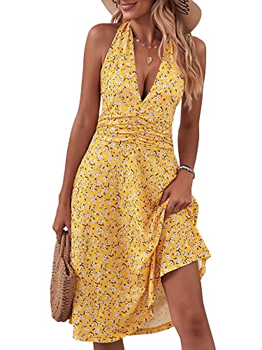 HUHOT Sun Dresses Women Sexy Summer Casual Beach Vacation Boho Resort Wear Yellow Easter Spring Dresses for Women 2024 Halter Dresses Backless Short Dress