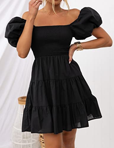 ZESICA Women's 2024 Boho Summer Square Neck Puff Sleeve Off Shoulder Smocked Tiered Casual A Line Short Mini Dress,Black,Small