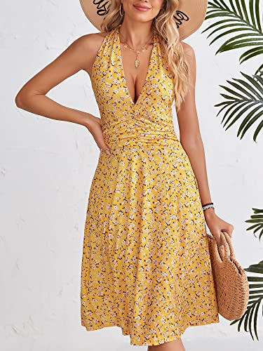 HUHOT Sun Dresses Women Sexy Summer Casual Beach Vacation Boho Resort Wear Yellow Easter Spring Dresses for Women 2024 Halter Dresses Backless Short Dress