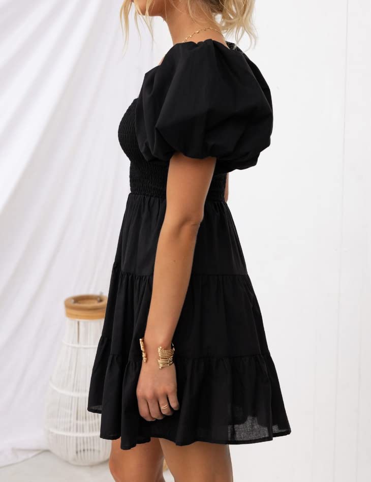 ZESICA Women's 2024 Boho Summer Square Neck Puff Sleeve Off Shoulder Smocked Tiered Casual A Line Short Mini Dress,Black,Small