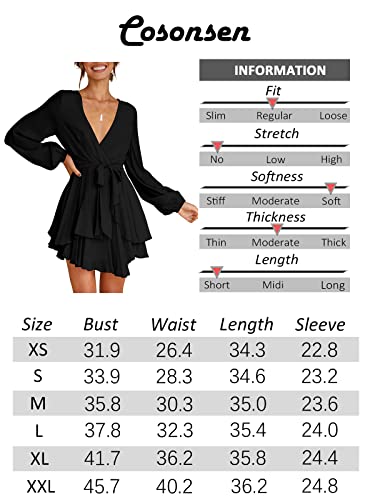 Womens Cute Mini Dress Deep V-Neck Long Sleeve Tie Waist Ruffle Short Dress Black XL