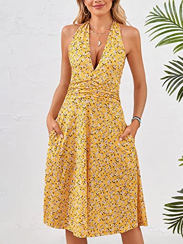 HUHOT Sun Dresses Women Sexy Summer Casual Beach Vacation Boho Resort Wear Yellow Easter Spring Dresses for Women 2024 Halter Dresses Backless Short Dress
