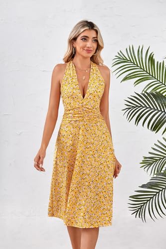HUHOT Sun Dresses Women Sexy Summer Casual Beach Vacation Boho Resort Wear Yellow Easter Spring Dresses for Women 2024 Halter Dresses Backless Short Dress