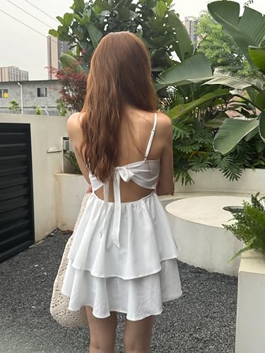 BNGD Women's Backless Bow Tie Short Dress Summer Models Sexy Halter Dresses (X-Large, White)