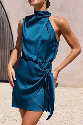 PRETTYGARDEN Women's Short Formal Satin Dress Summer Sleeveless Mock Neck Tie Waist Cocktail Party Dresses (Navy,Small)